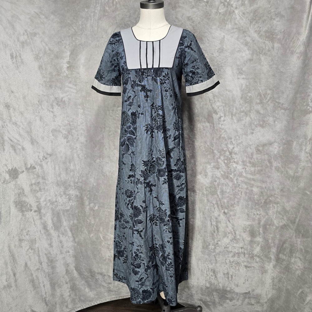 Vintage Mako Hawaii Maxi Muumuu Dress Womens 6 Gray Floral Cotton Cottagecore
